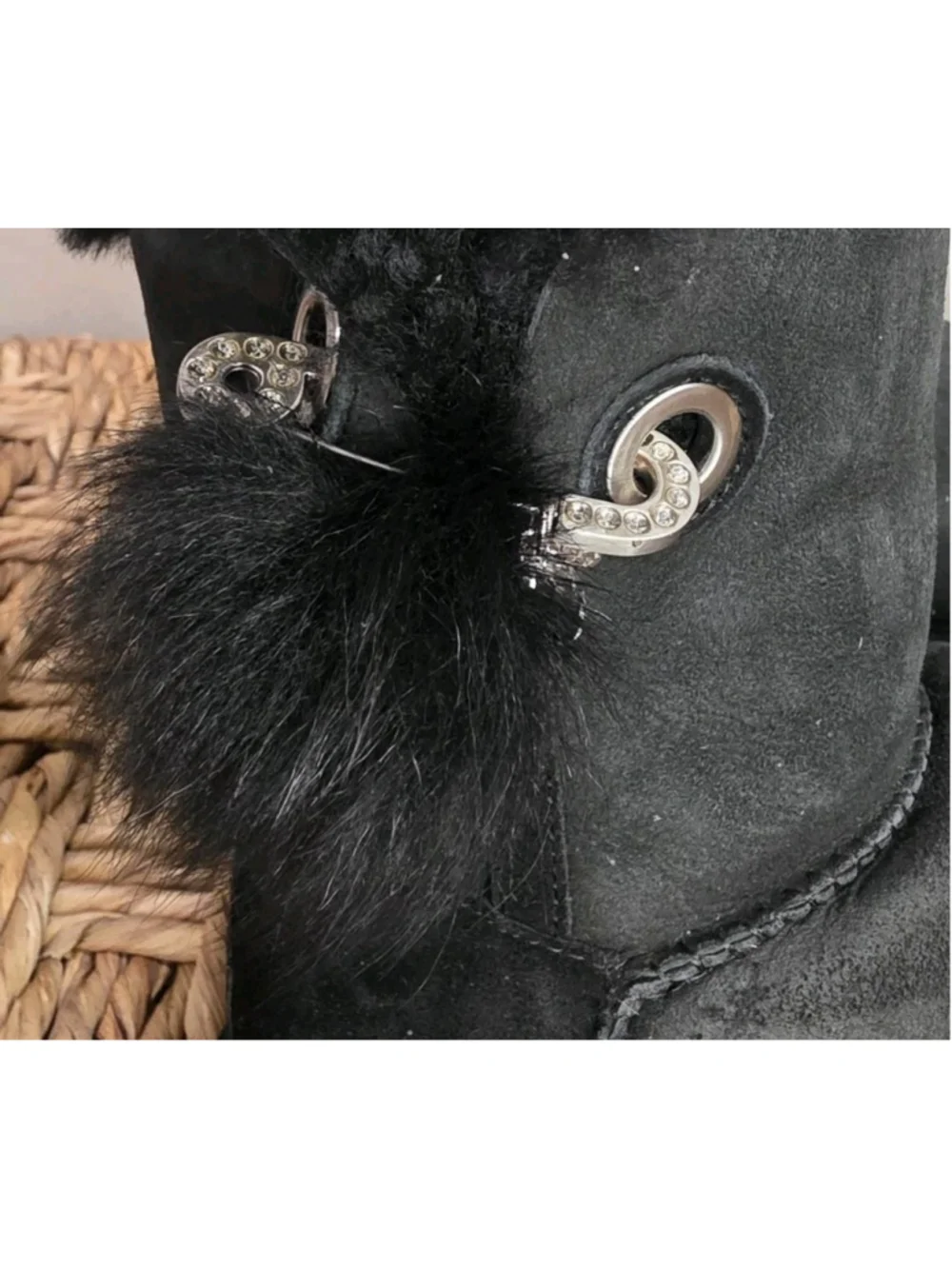 UGG Irina Swarovski Crystal Pin Bling Toscana Pom Pom Black Mid Boots Size 9